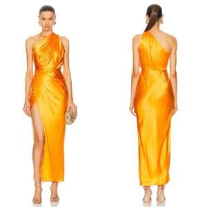 THE SEI Asymmetric One Shoulder Drape Orange Mango Silk Maxi Dress Size 0